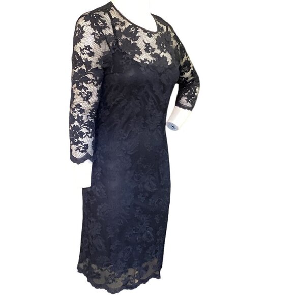 ABS Allen Schwartz Stretch Lace Sheath Evening Dress Sz M Black #128J - Picture 2 of 5
